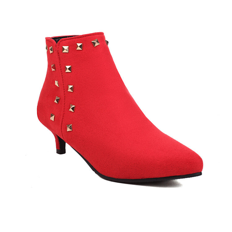 Booties Flock Pointed Toe Rivets Side Zippers Kitten Heel Ankle Boots for Women