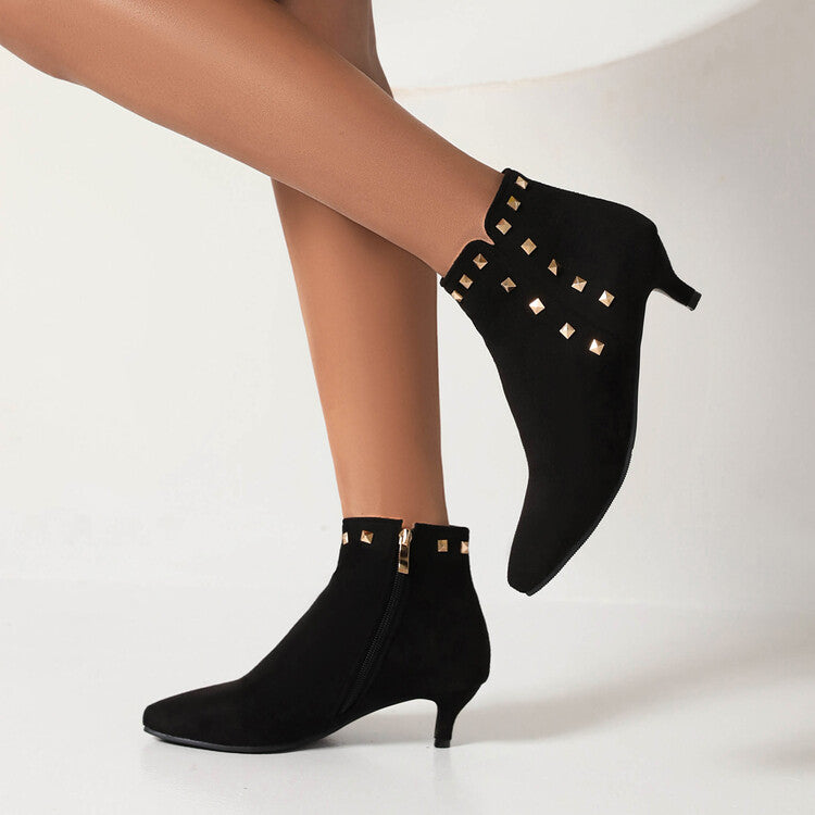 Booties Flock Pointed Toe Rivets Side Zippers Kitten Heel Ankle Boots for Women