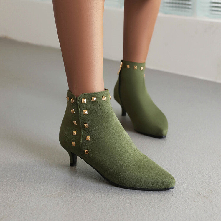 Booties Flock Pointed Toe Rivets Side Zippers Kitten Heel Ankle Boots for Women