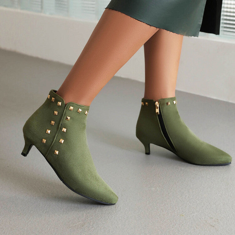 Booties Flock Pointed Toe Rivets Side Zippers Kitten Heel Ankle Boots for Women