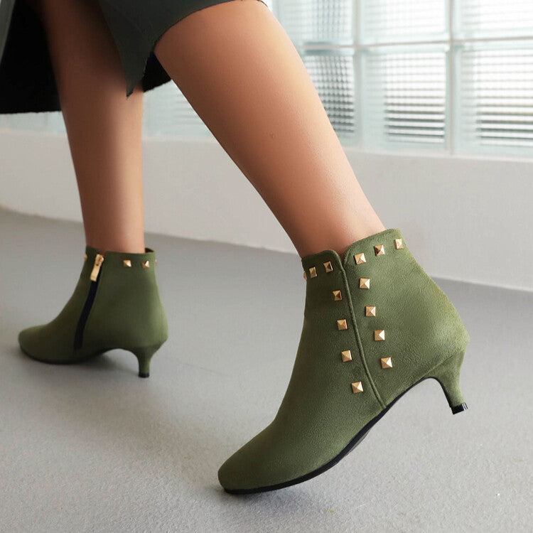 Booties Flock Pointed Toe Rivets Side Zippers Kitten Heel Ankle Boots for Women