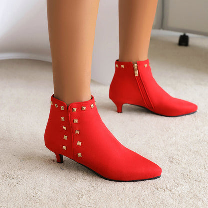 Booties Flock Pointed Toe Rivets Side Zippers Kitten Heel Ankle Boots for Women