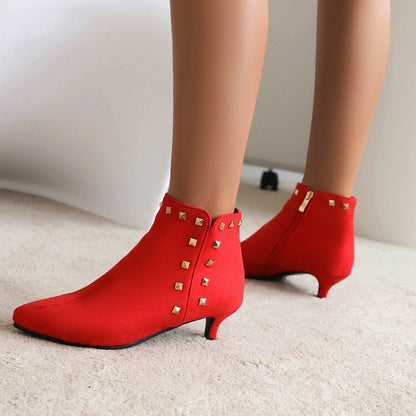 Booties Flock Pointed Toe Rivets Side Zippers Kitten Heel Ankle Boots for Women