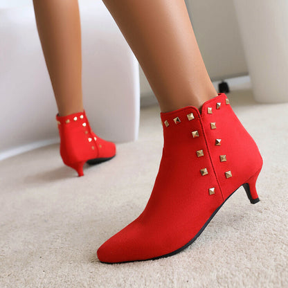 Booties Flock Pointed Toe Rivets Side Zippers Kitten Heel Ankle Boots for Women