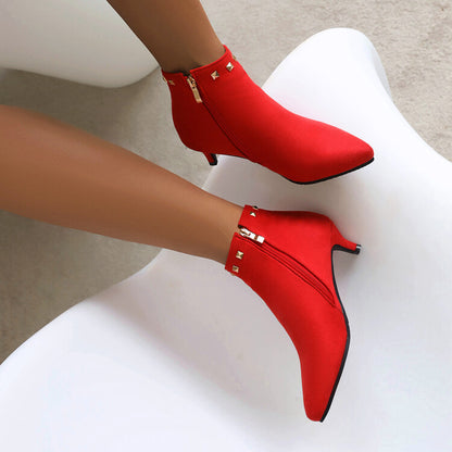 Booties Flock Pointed Toe Rivets Side Zippers Kitten Heel Ankle Boots for Women