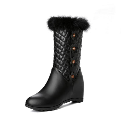 Round Toe Lattice Fur Wedge Heel Inside Heighten Mid Calf Boots for Women