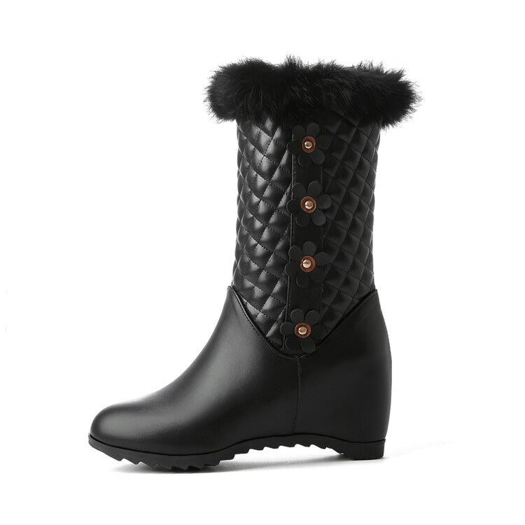 Round Toe Lattice Fur Wedge Heel Inside Heighten Mid Calf Boots for Women