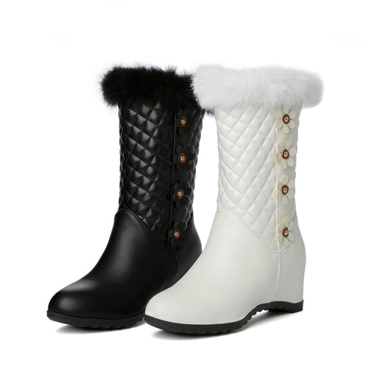 Round Toe Lattice Fur Wedge Heel Inside Heighten Mid Calf Boots for Women