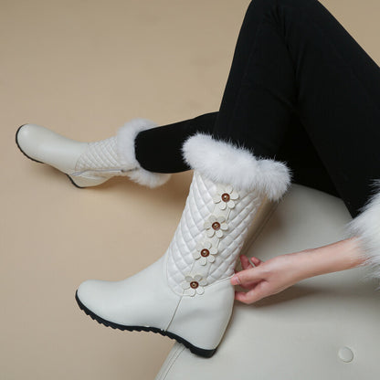 Round Toe Lattice Fur Wedge Heel Inside Heighten Mid Calf Boots for Women