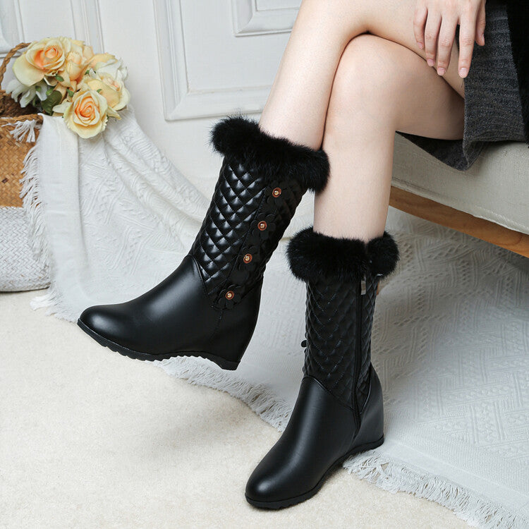 Round Toe Lattice Fur Wedge Heel Inside Heighten Mid Calf Boots for Women