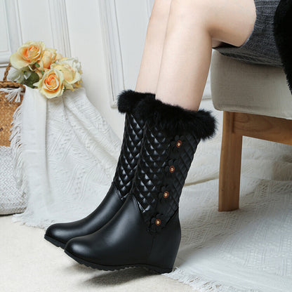 Round Toe Lattice Fur Wedge Heel Inside Heighten Mid Calf Boots for Women