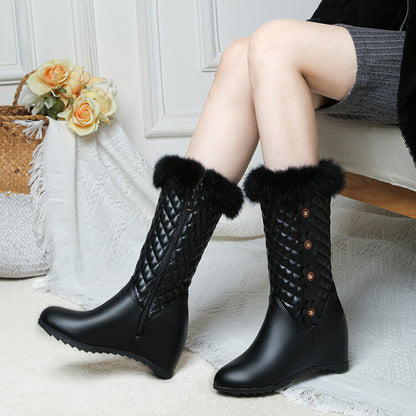 Round Toe Lattice Fur Wedge Heel Inside Heighten Mid Calf Boots for Women