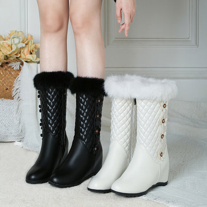 Round Toe Lattice Fur Wedge Heel Inside Heighten Mid Calf Boots for Women