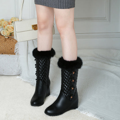 Round Toe Lattice Fur Wedge Heel Inside Heighten Mid Calf Boots for Women