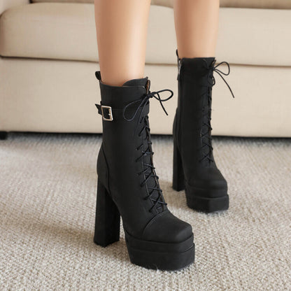 Square Toe Lace Up Buckle Straps Block Chunky Heel Platform Side Zippers Short Boots for Women