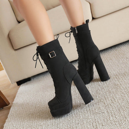 Square Toe Lace Up Buckle Straps Block Chunky Heel Platform Side Zippers Short Boots for Women