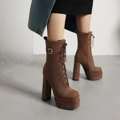 Square Toe Lace Up Buckle Straps Block Chunky Heel Platform Side Zippers Short Boots for Women