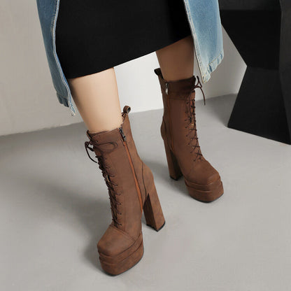 Square Toe Lace Up Buckle Straps Block Chunky Heel Platform Side Zippers Short Boots for Women