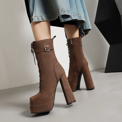 Square Toe Lace Up Buckle Straps Block Chunky Heel Platform Side Zippers Short Boots for Women