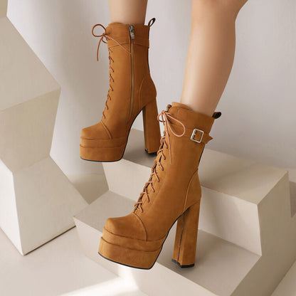 Square Toe Lace Up Buckle Straps Block Chunky Heel Platform Side Zippers Short Boots for Women