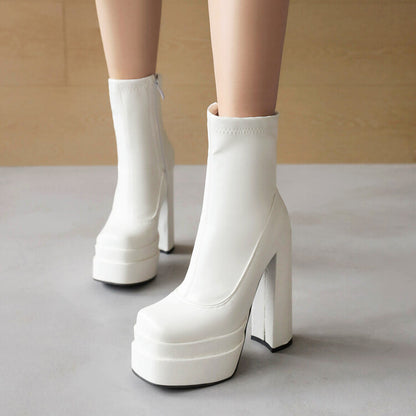 Square Toe Side Zippers Block Chunky Heel Platform Short Boots for Women