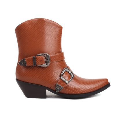 Pointed Toe Beveled Heel Buckle Straps Mid Calf Western Boots for Women