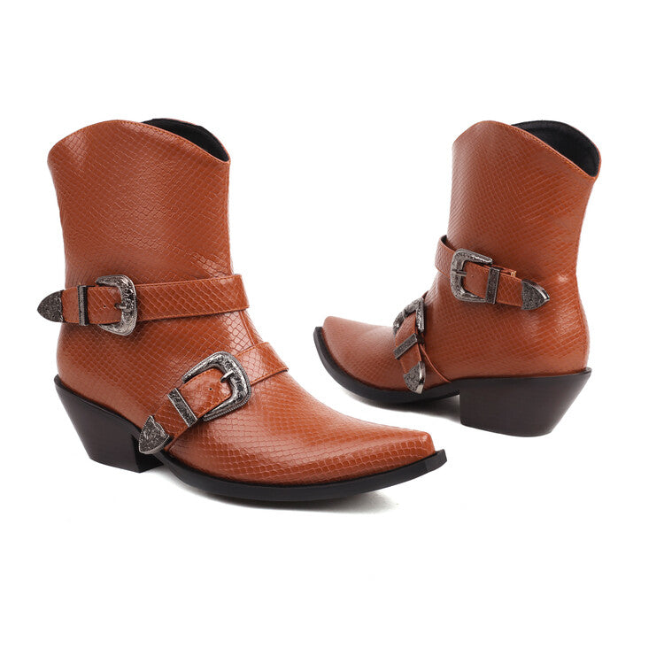 Pointed Toe Beveled Heel Buckle Straps Mid Calf Western Boots for Women