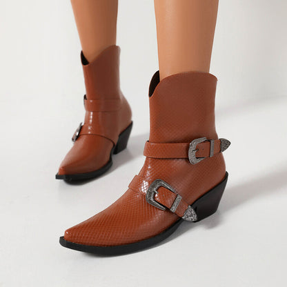 Pointed Toe Beveled Heel Buckle Straps Mid Calf Western Boots for Women