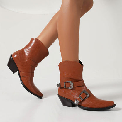 Pointed Toe Beveled Heel Buckle Straps Mid Calf Western Boots for Women