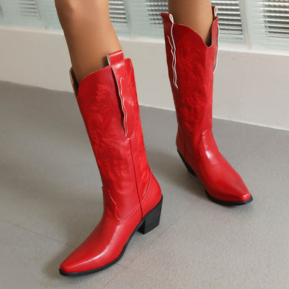 Cowboy Pointed Toe Beveled Heel Mid Calf Western Boots for Women