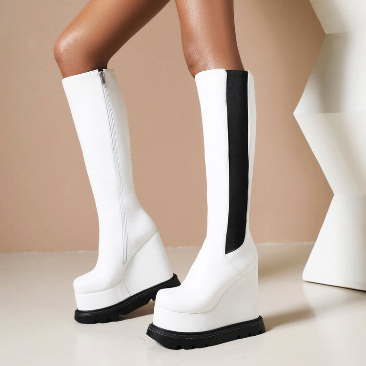 Pu Leather Square Toe Bicolor Side Zippers Wedge Heel Platform Knee High Boots for Women