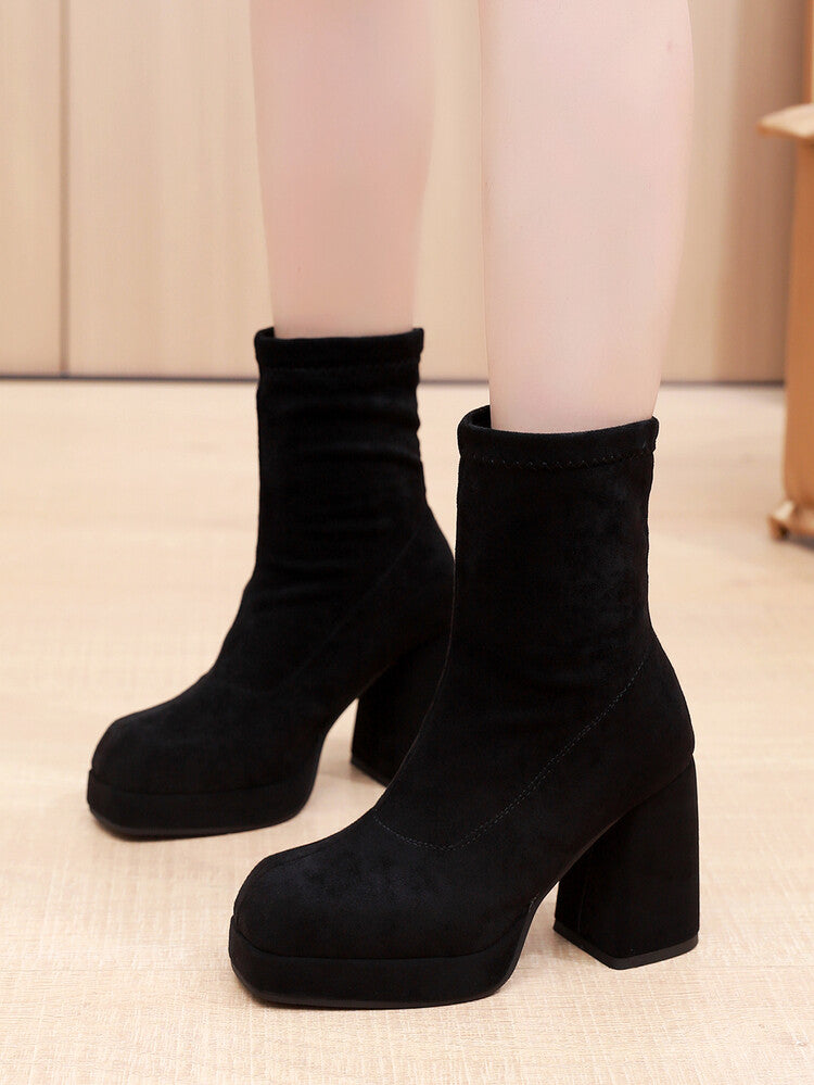 Square Toe Velvet Block Chunky Heel Platform Short Boots for Women