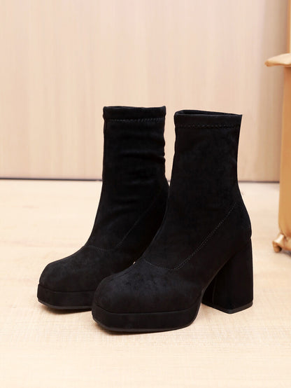 Square Toe Velvet Block Chunky Heel Platform Short Boots for Women