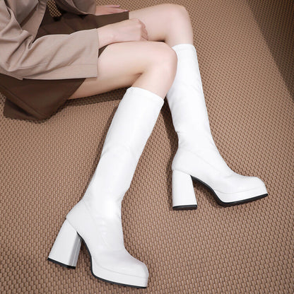 Square Toe Block Chunky Heel Platform Knee High Boots for Women