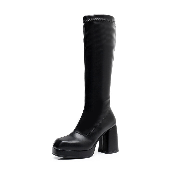 Square Toe Block Chunky Heel Platform Knee High Boots for Women