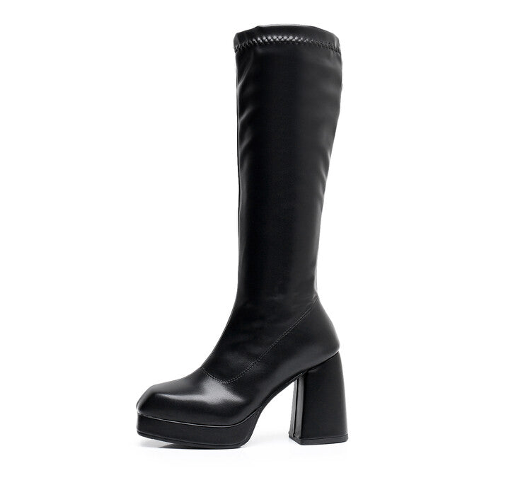 Square Toe Block Chunky Heel Platform Knee High Boots for Women