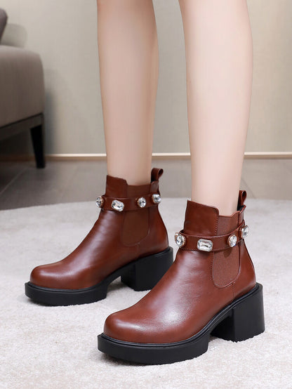 Rhinestone Stretch Block Chunky Heel Platform Short Boots for Women