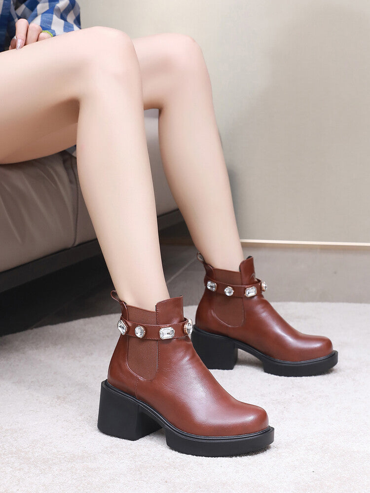 Rhinestone Stretch Block Chunky Heel Platform Short Boots for Women