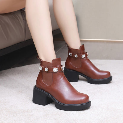 Rhinestone Stretch Block Chunky Heel Platform Short Boots for Women