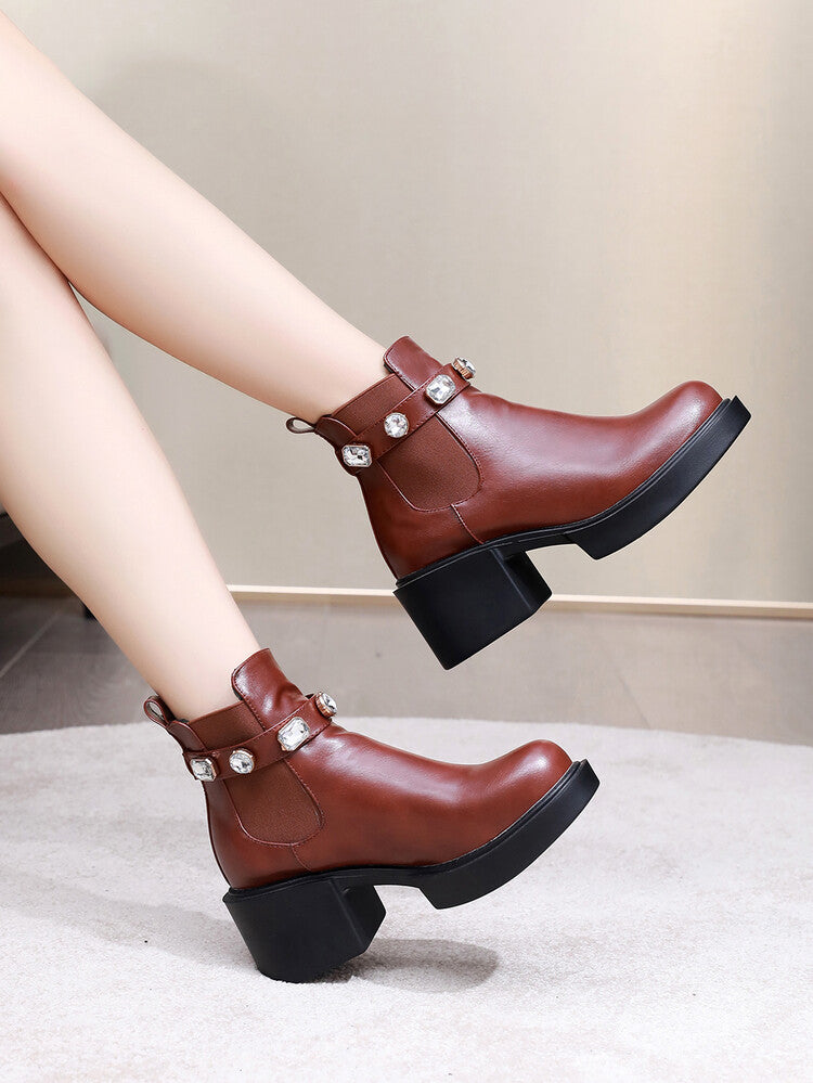 Rhinestone Stretch Block Chunky Heel Platform Short Boots for Women