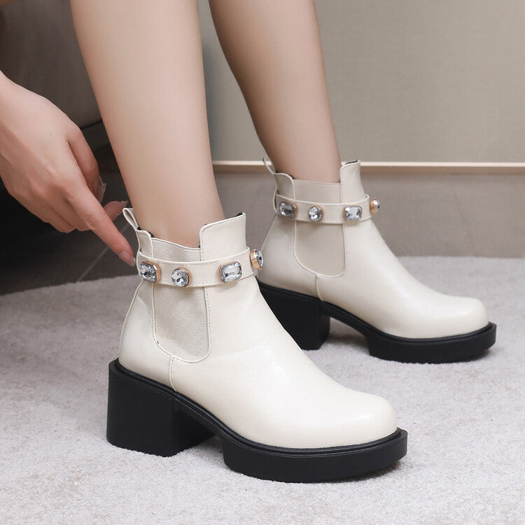 Rhinestone Stretch Block Chunky Heel Platform Short Boots for Women