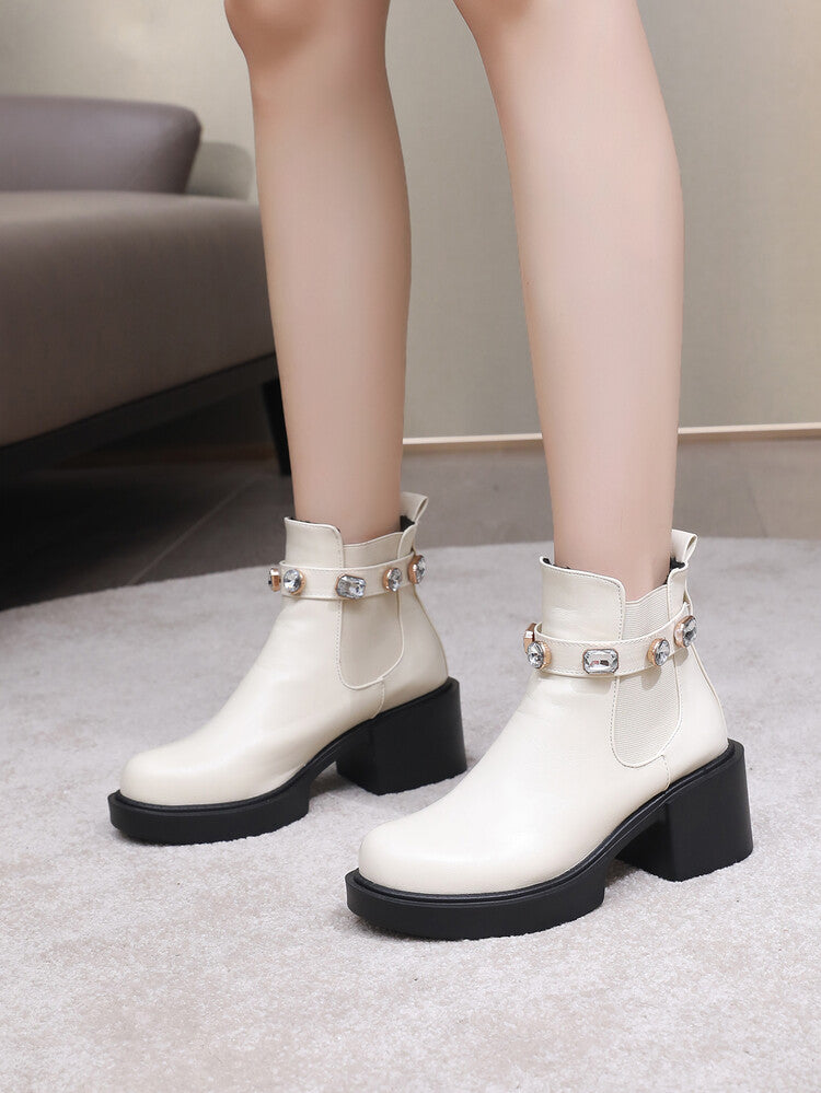 Rhinestone Stretch Block Chunky Heel Platform Short Boots for Women