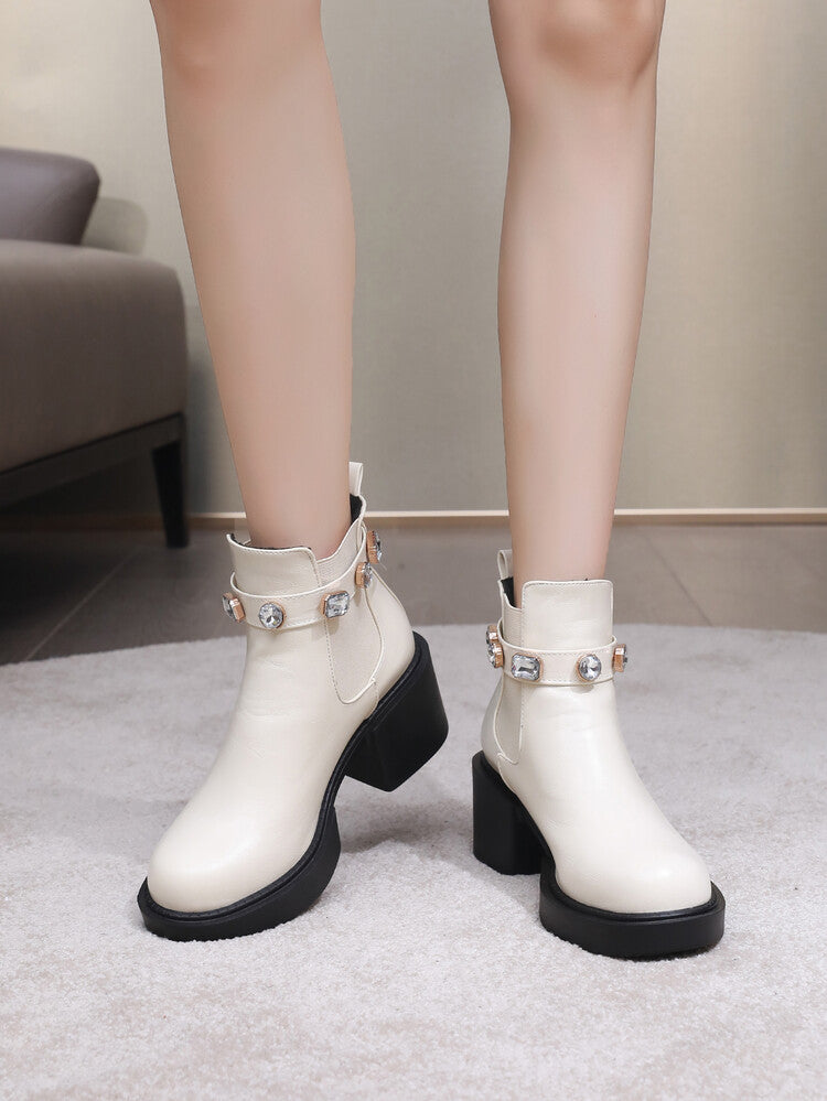 Rhinestone Stretch Block Chunky Heel Platform Short Boots for Women