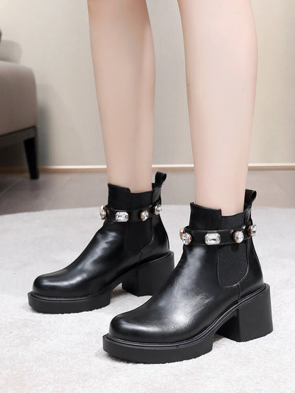 Rhinestone Stretch Block Chunky Heel Platform Short Boots for Women