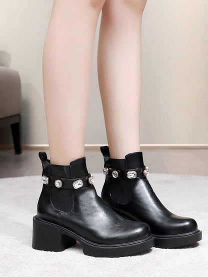 Rhinestone Stretch Block Chunky Heel Platform Short Boots for Women