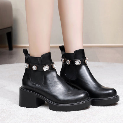 Rhinestone Stretch Block Chunky Heel Platform Short Boots for Women