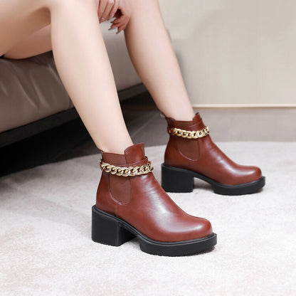 Metal Chains Ankle Strap Stretch Block Heel Platform Short Boots for Women