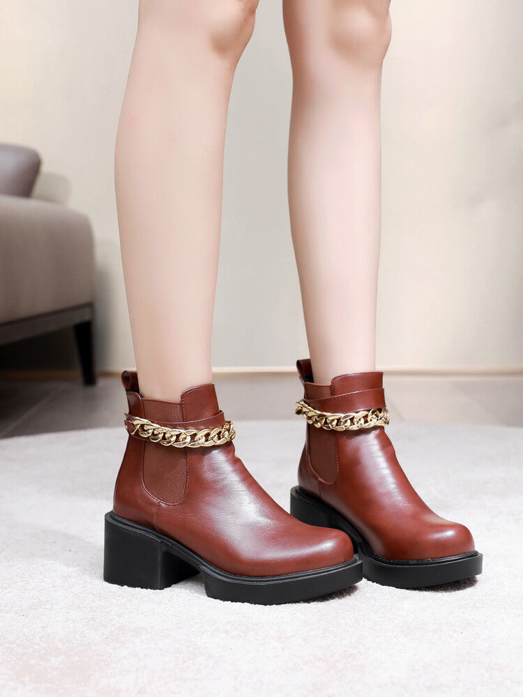 Metal Chains Ankle Strap Stretch Block Heel Platform Short Boots for Women