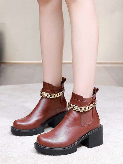 Metal Chains Ankle Strap Stretch Block Heel Platform Short Boots for Women