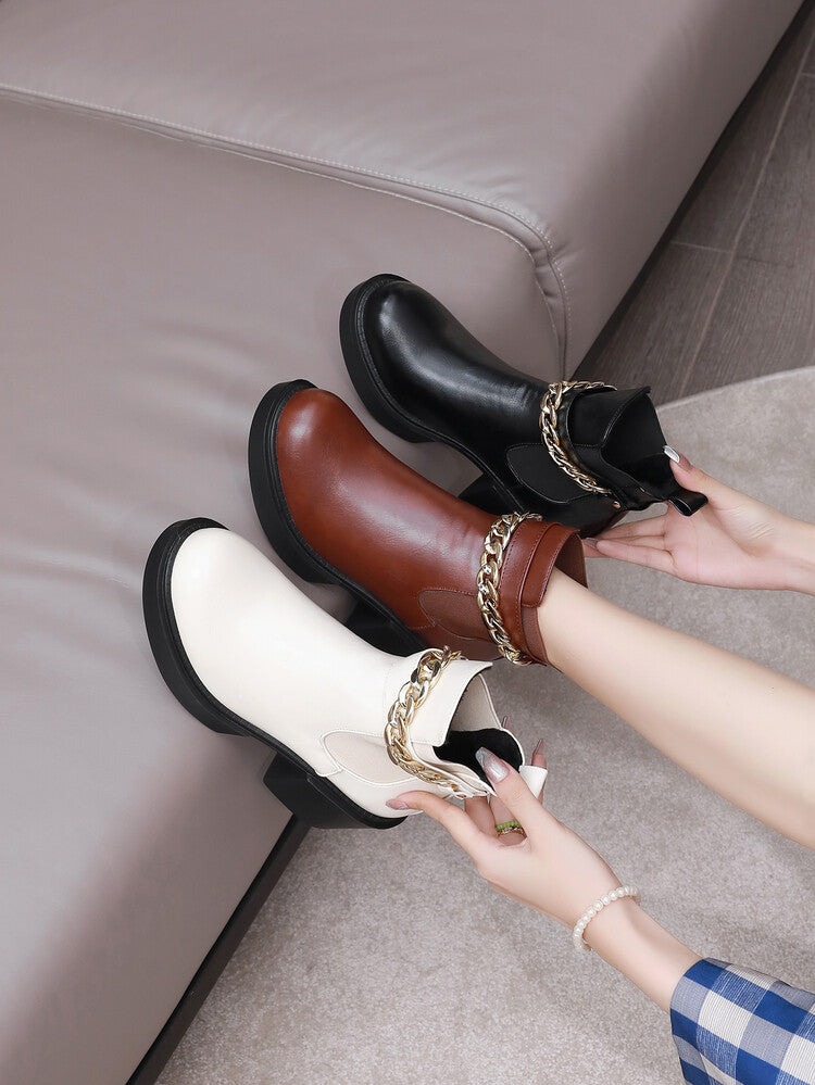 Metal Chains Ankle Strap Stretch Block Heel Platform Short Boots for Women